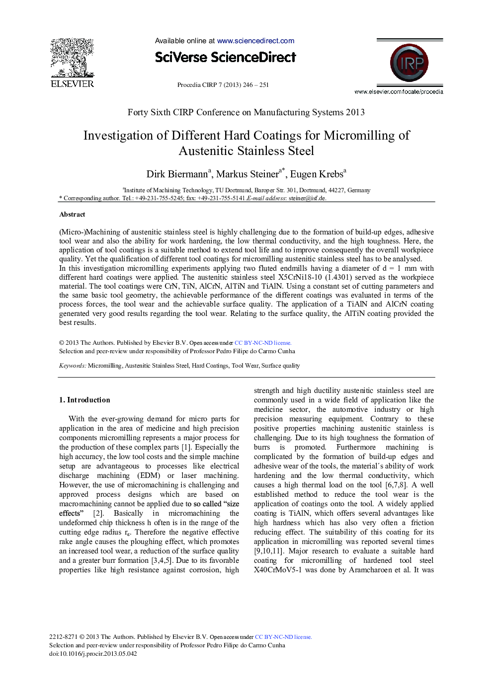 عکس صفحه اول مقاله: Investigation of Different Hard Coatings for Micromilling of Austenitic Stainless Steel Investigation of Different Hard Coatings for Micromilling of Austenitic Stainless Steel