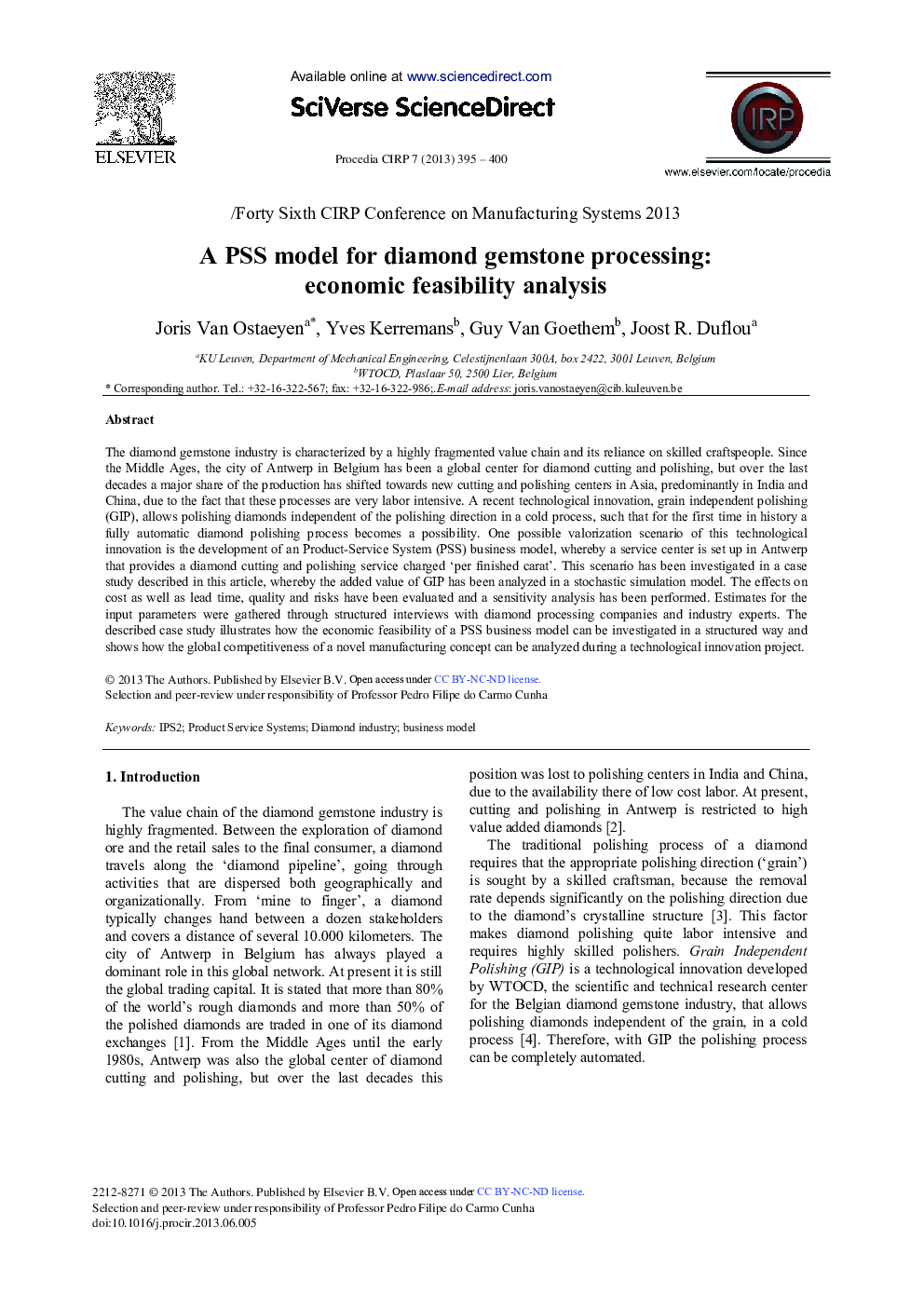A PSS Model for Diamond Gemstone Processing: Economic Feasibility Analysis 