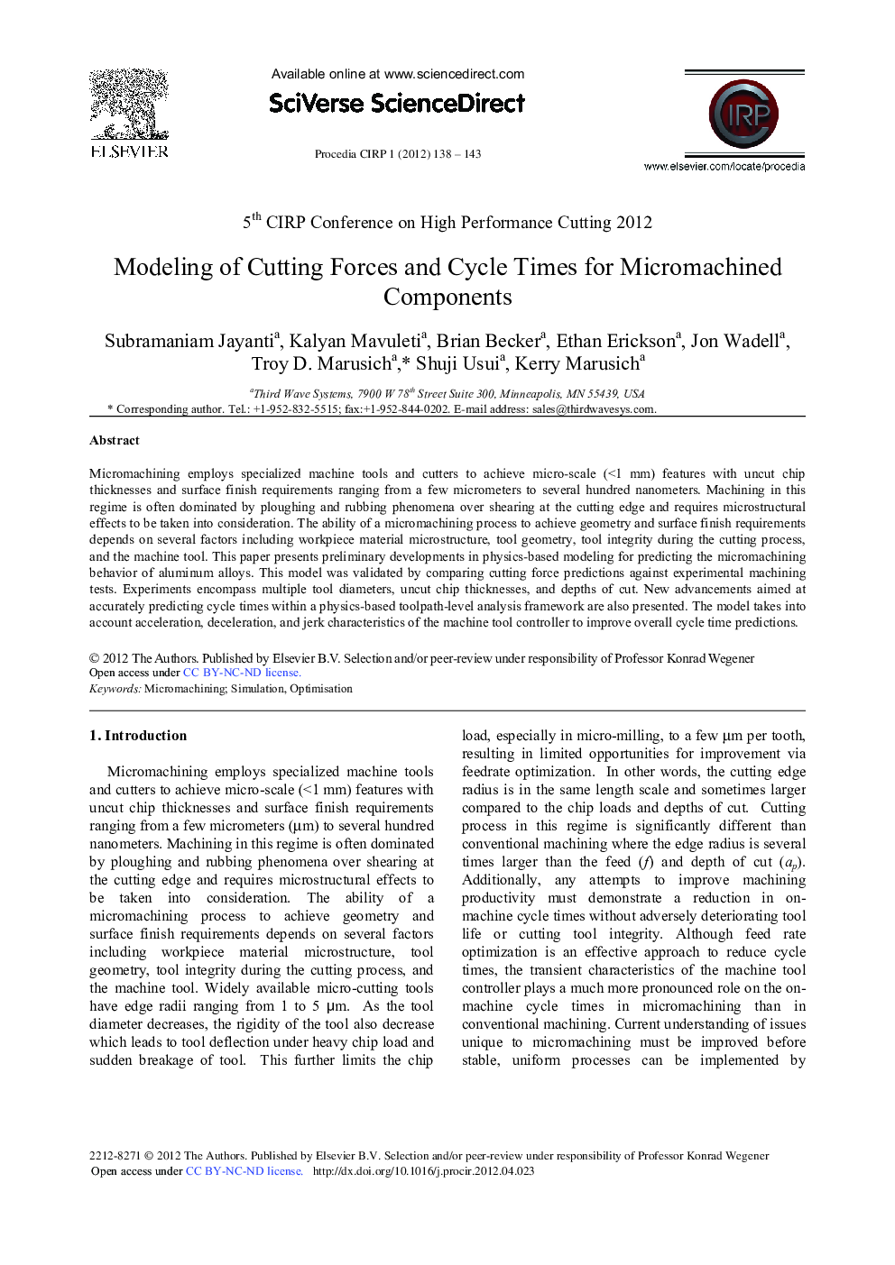 Modeling of Cutting Forces and Cycle Times for Micromachined Components