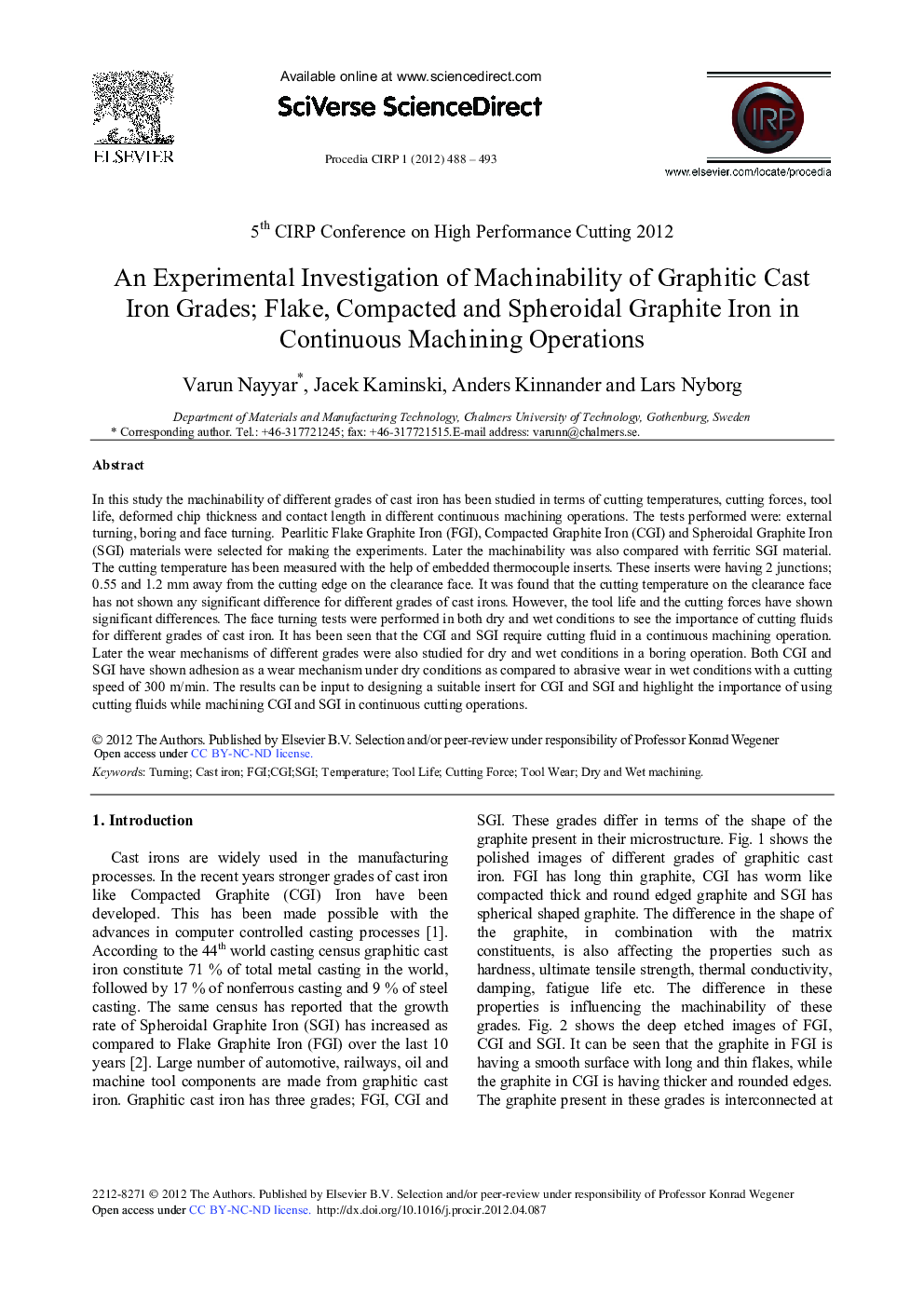 An Experimental Investigation of Machinability of Graphitic Cast Iron Grades; Flake, Compacted and Spheroidal Graphite Iron in Continuous Machining Operations