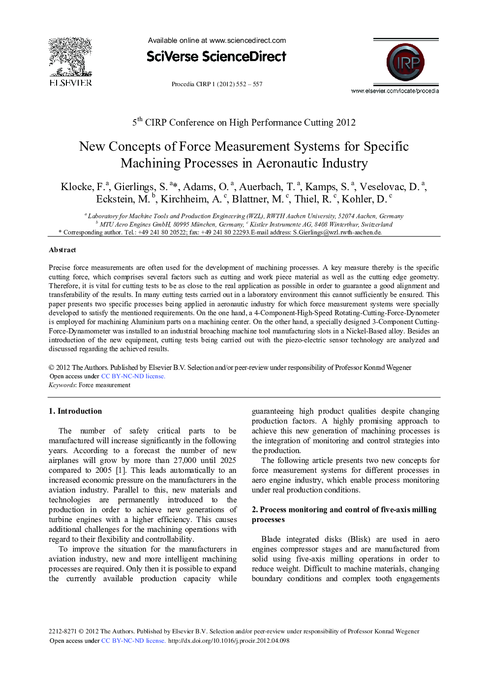 New Concepts of Force Measurement Systems for Specific Machining Processes in Aeronautic Industry