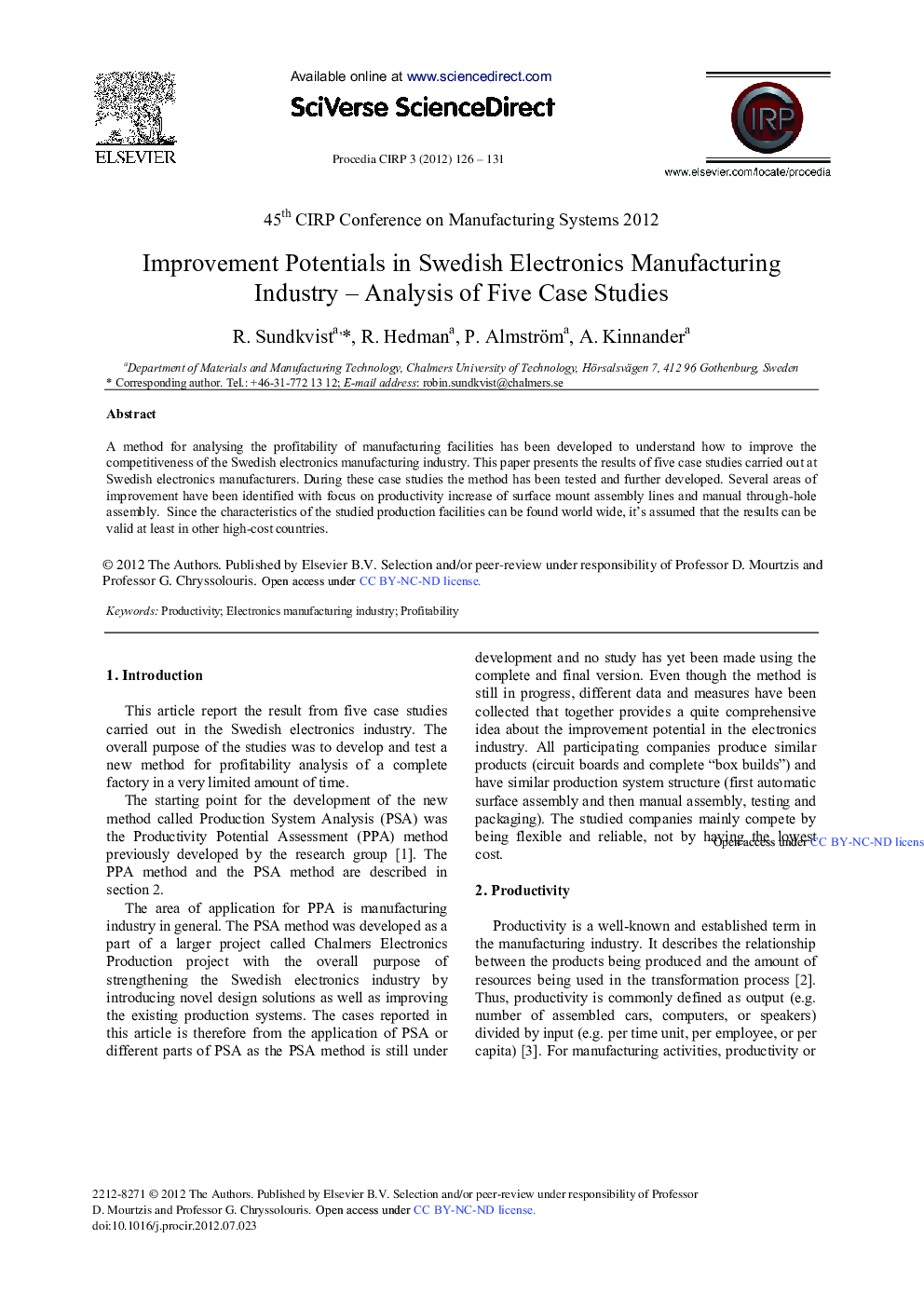 Improvement Potentials in Swedish Electronics Manufacturing Industry–Analysis of Five Case Studies