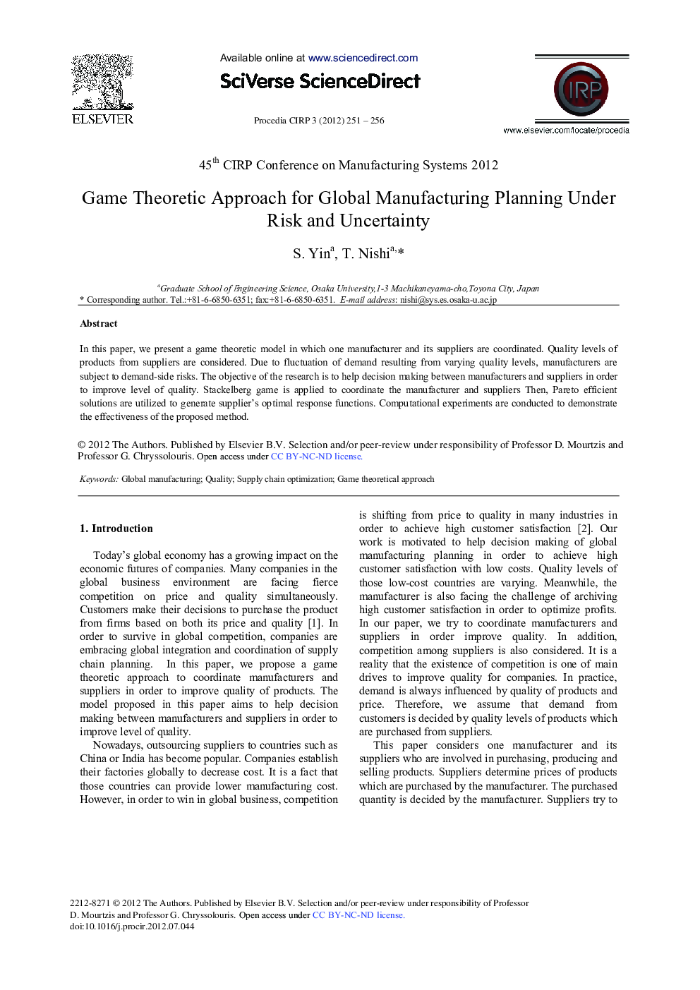 Game Theoretic Approach for Global Manufacturing Planning Under Risk and Uncertainty