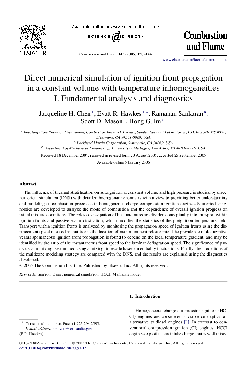 Direct numerical simulation of ignition front propagation in a constant volume with temperature inhomogeneities: I. Fundamental analysis and diagnostics