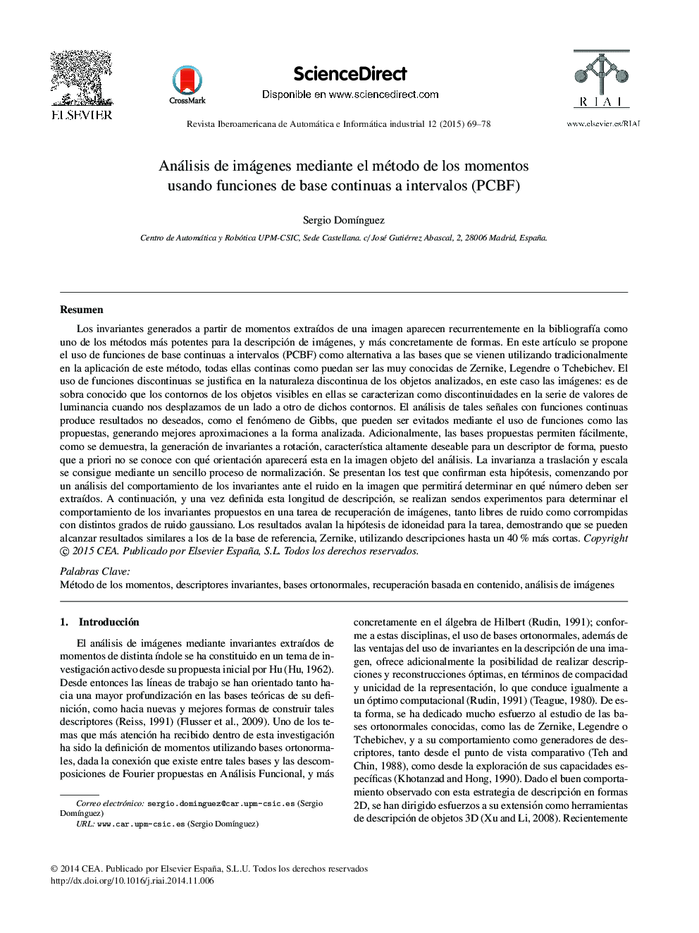 Análisis de imágenes mediante el método de los momentos usando funciones de base continuas a intervalos (PCBF)