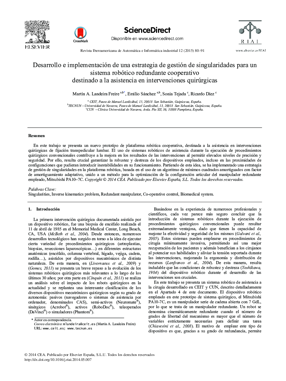 Desarrollo e implementación de una estrategia de gestión de singularidades para un sistema robótico redundante cooperativo destinado a la asistencia en intervenciones quirúrgicas