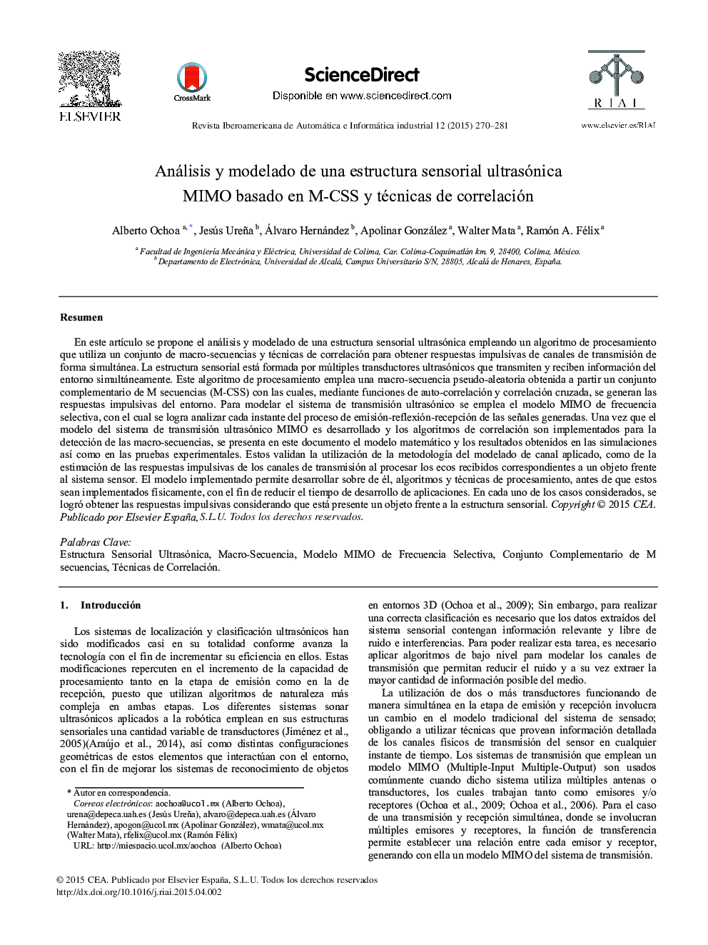 Análisis y modelado de una estructura sensorial ultrasónica MIMO basado en M-CSS y técnicas de correlación