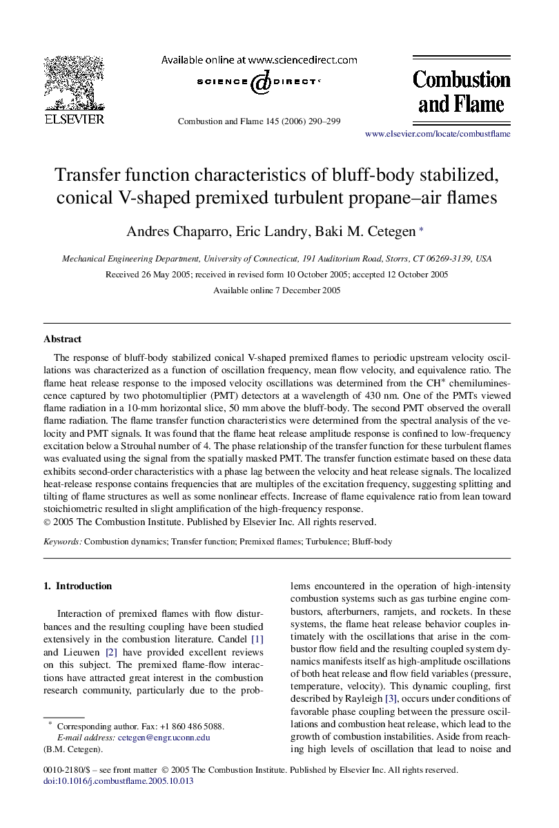 Transfer function characteristics of bluff-body stabilized, conical V-shaped premixed turbulent propane–air flames