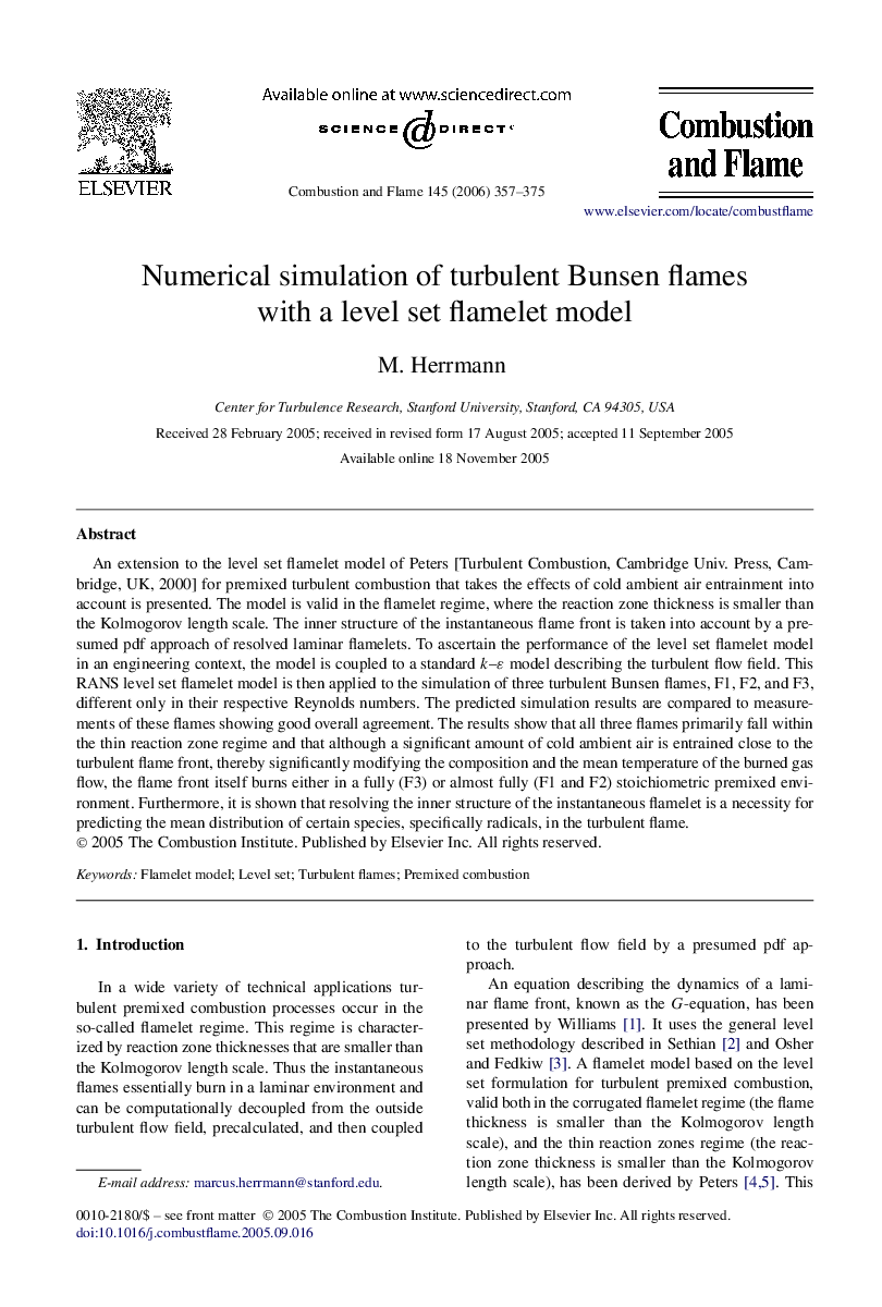 Numerical simulation of turbulent Bunsen flames with a level set flamelet model