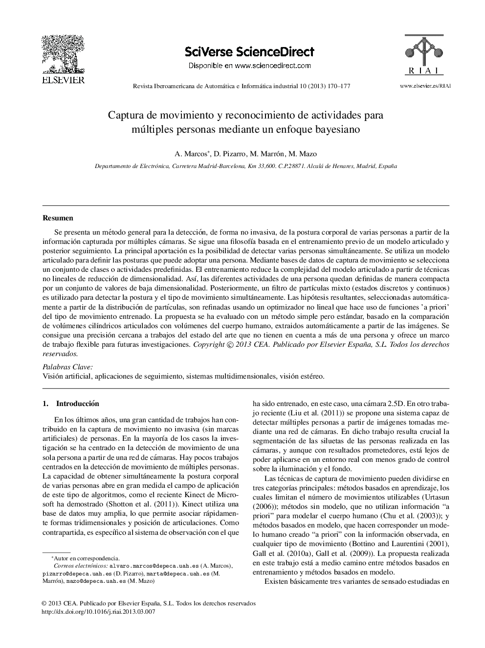 Captura de movimiento y reconocimiento de actividades para múltiples personas mediante un enfoque bayesiano