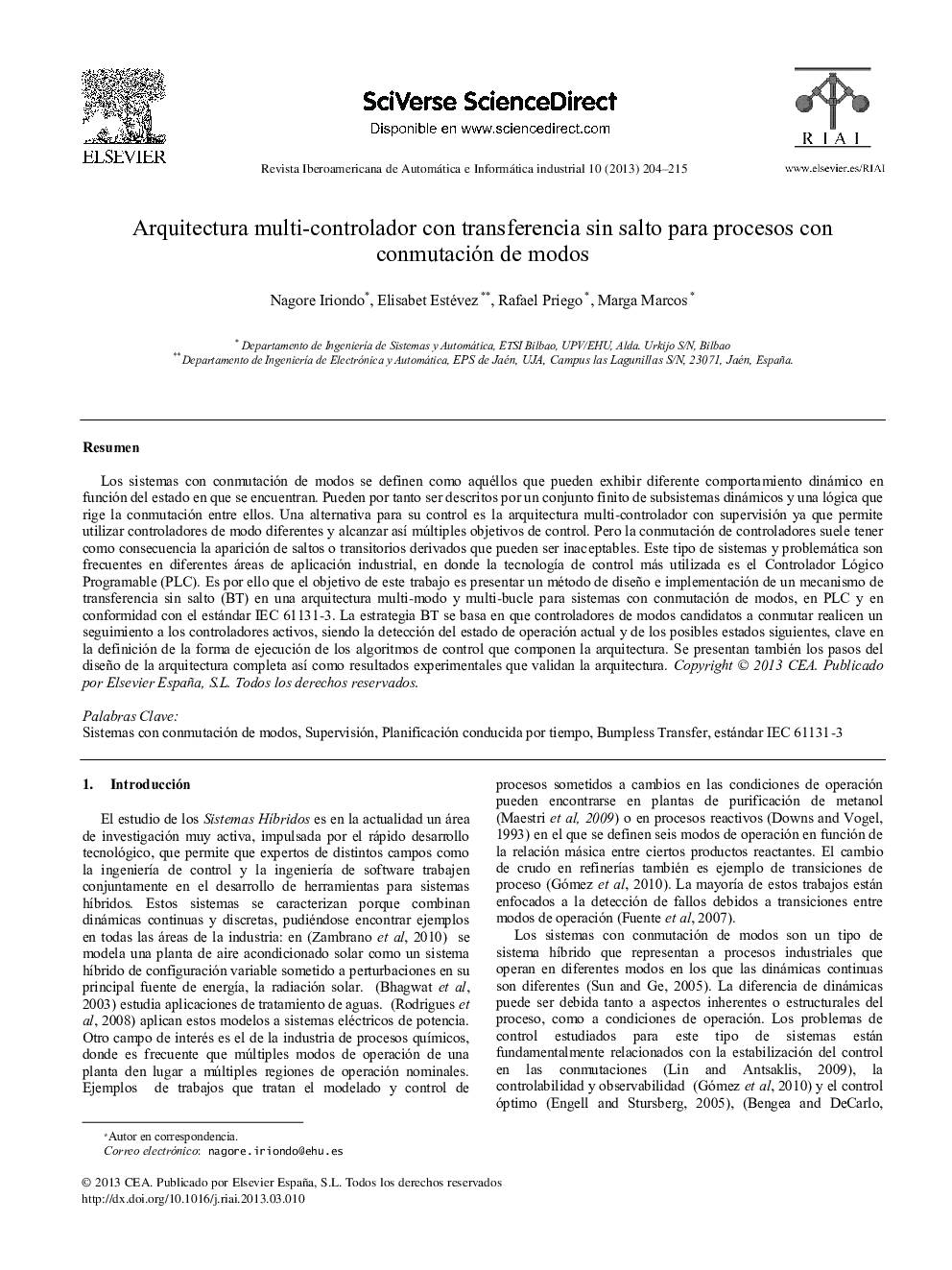 Arquitectura multi-controlador con transferencia sin salto para procesos con conmutación de modos