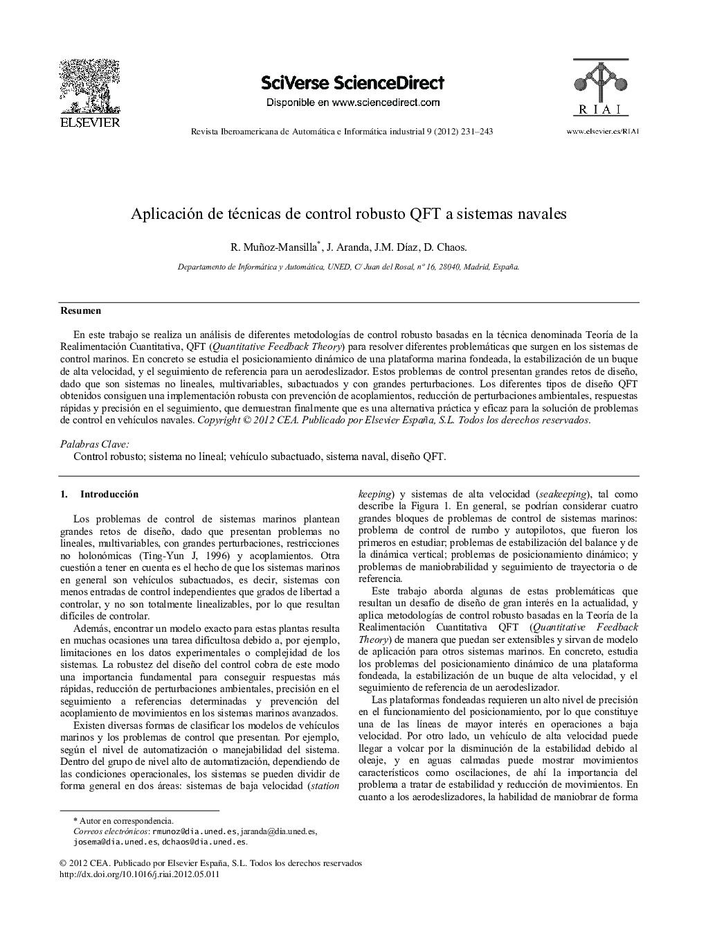 عکس صفحه اول مقاله: Aplicación de técnicas de control robusto QFT a sistemas navales Aplicación de técnicas de control robusto QFT a sistemas navales