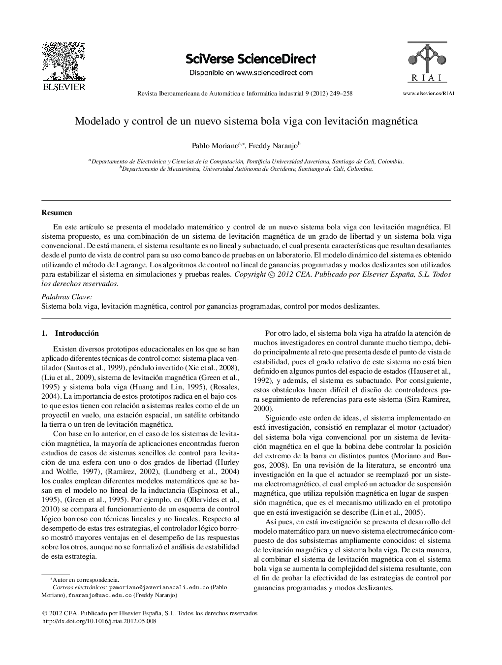 Modelado y control de un nuevo sistema bola viga con levitación magnética
