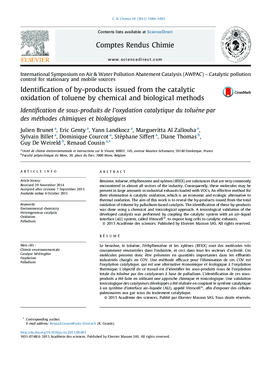 Identification of by-products issued from the catalytic oxidation of toluene by chemical and biological methods