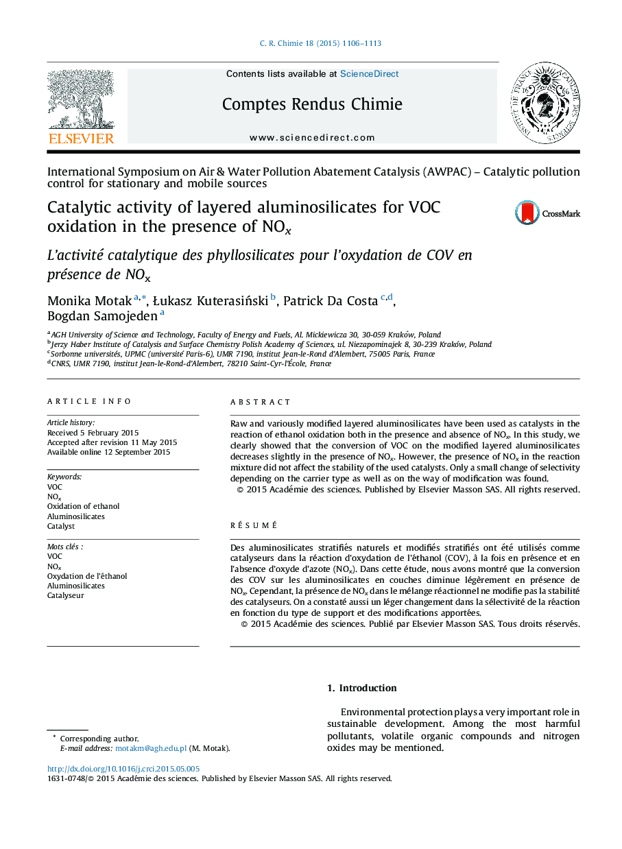 Catalytic activity of layered aluminosilicates for VOC oxidation in the presence of NOx