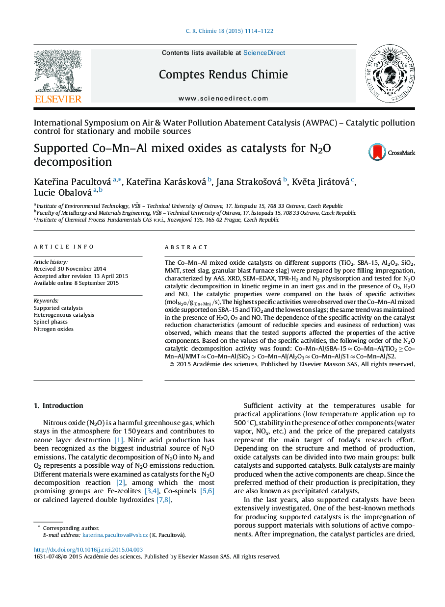 Supported Co–Mn–Al mixed oxides as catalysts for N2O decomposition