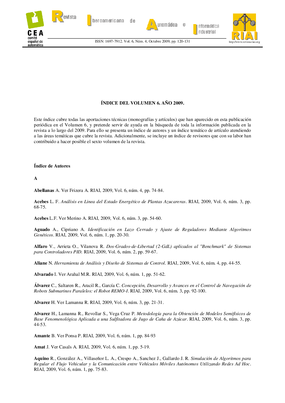Índice del Volumen 6. Año 2009