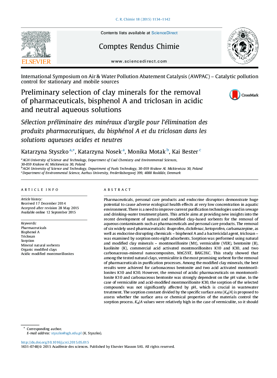 Preliminary selection of clay minerals for the removal of pharmaceuticals, bisphenol A and triclosan in acidic and neutral aqueous solutions