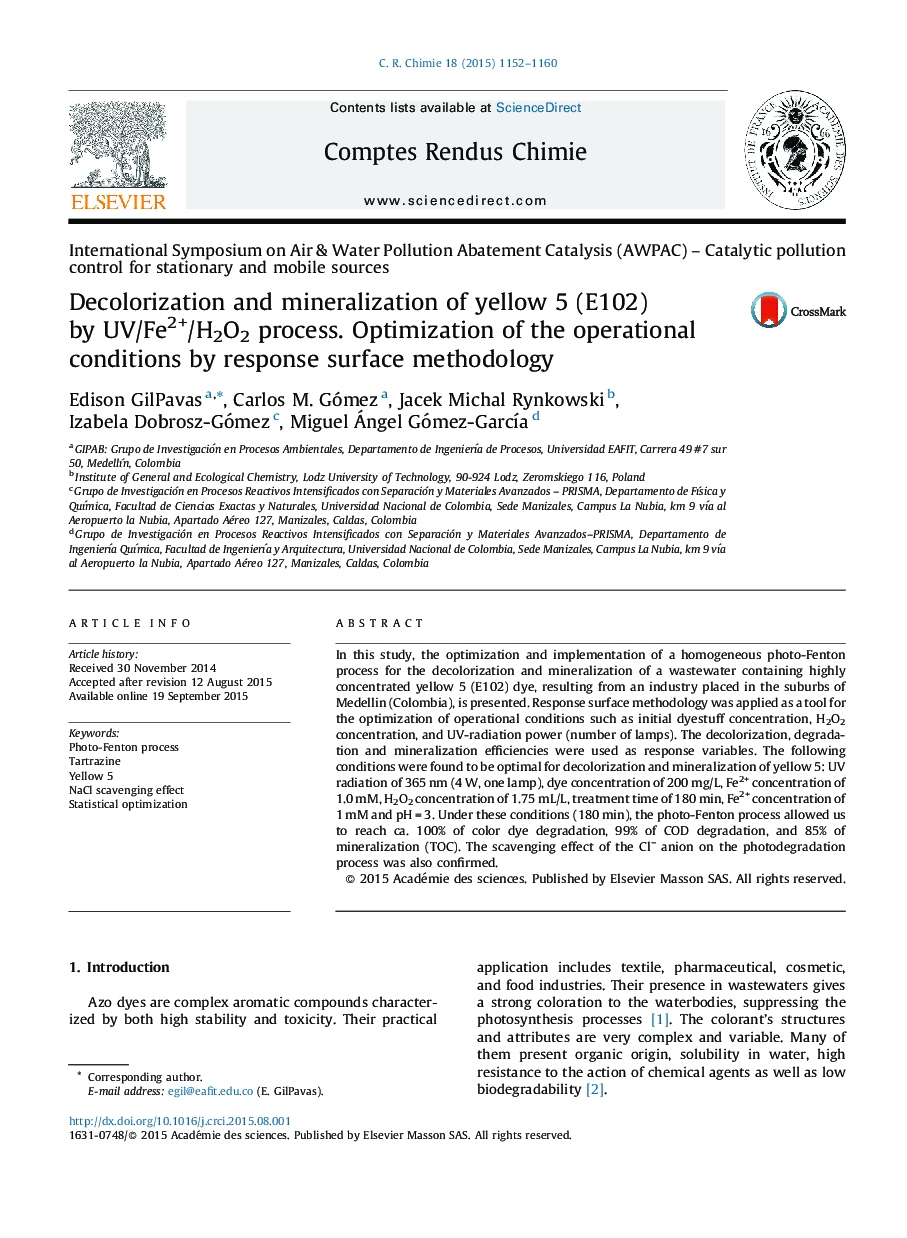 Decolorization and mineralization of yellow 5 (E102) by UV/Fe2+/H2O2 process. Optimization of the operational conditions by response surface methodology