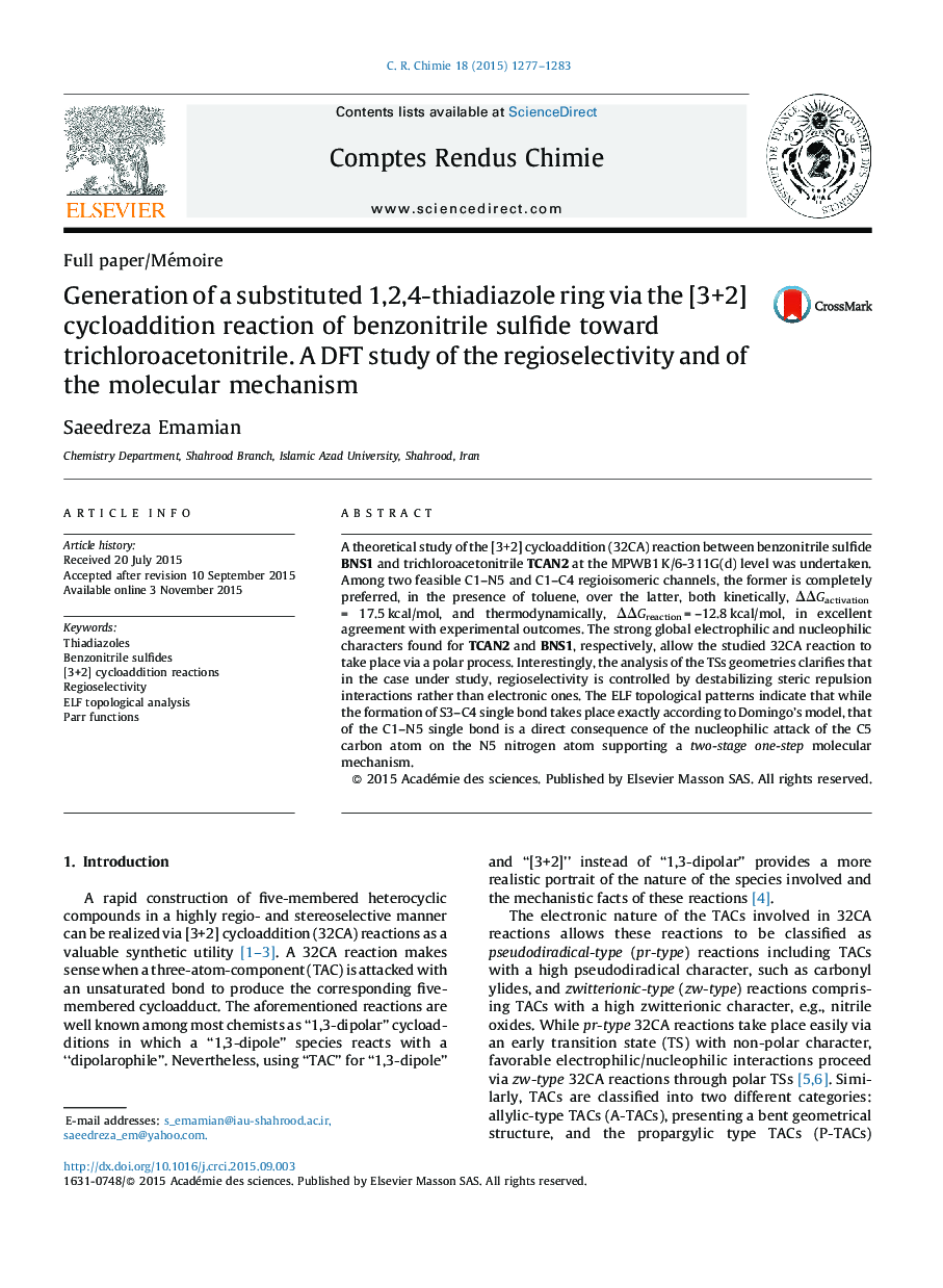 Generation of a substituted 1,2,4-thiadiazole ring via the [3+2] cycloaddition reaction of benzonitrile sulfide toward trichloroacetonitrile. A DFT study of the regioselectivity and of the molecular mechanism