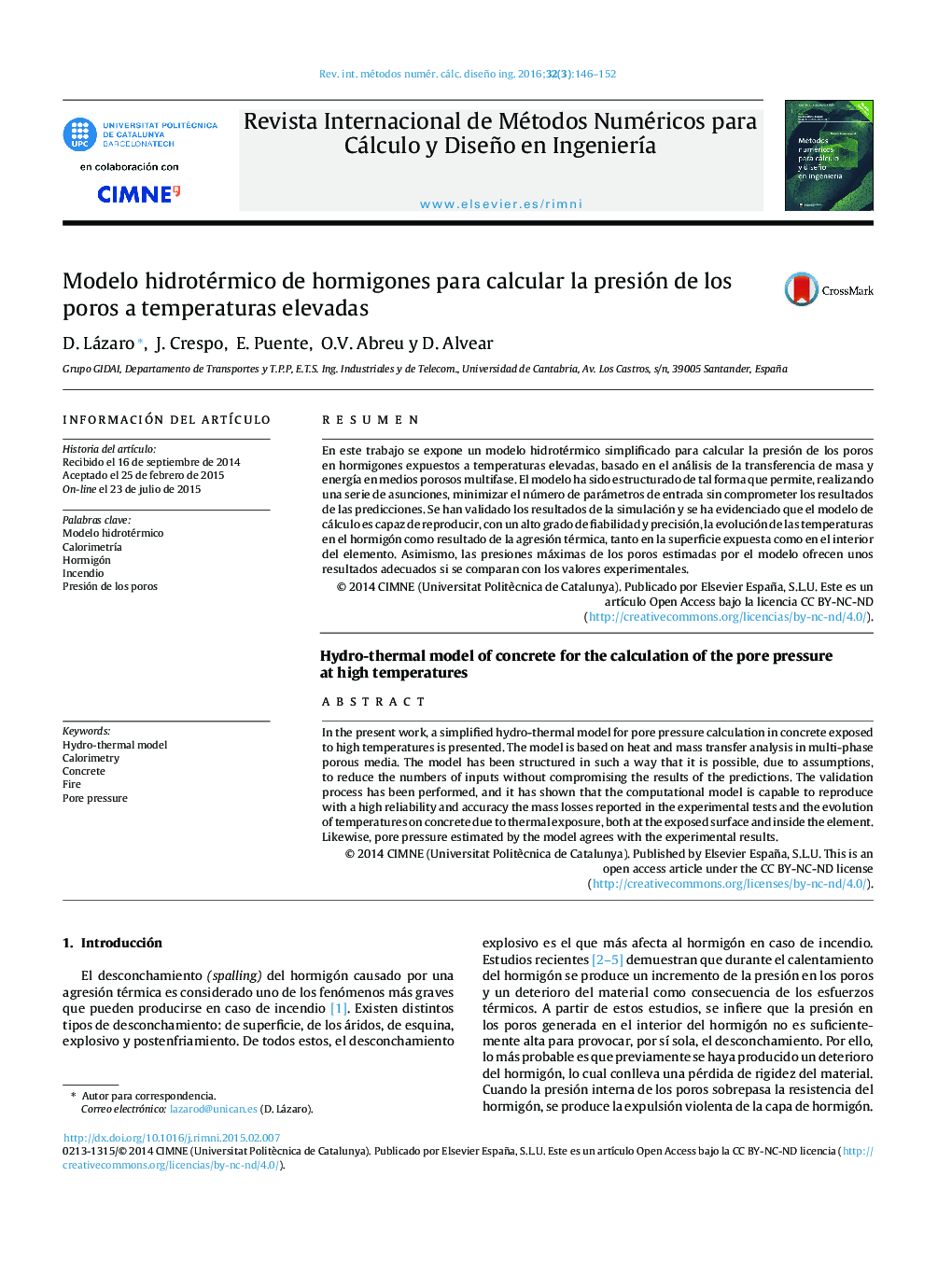 Modelo hidrotérmico de hormigones para calcular la presión de los poros a temperaturas elevadas