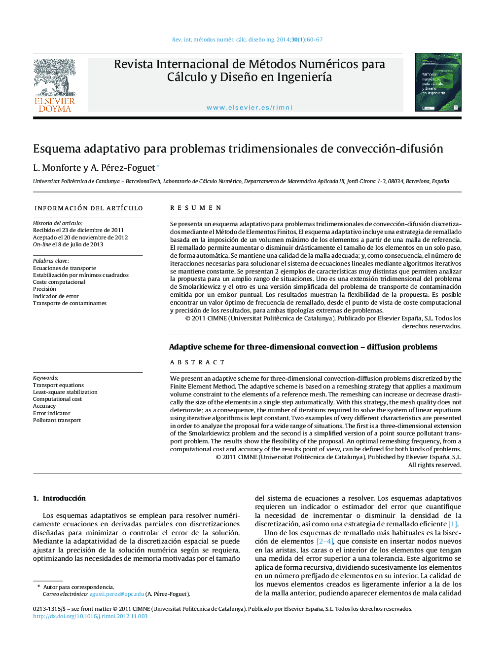 Esquema adaptativo para problemas tridimensionales de convección-difusión