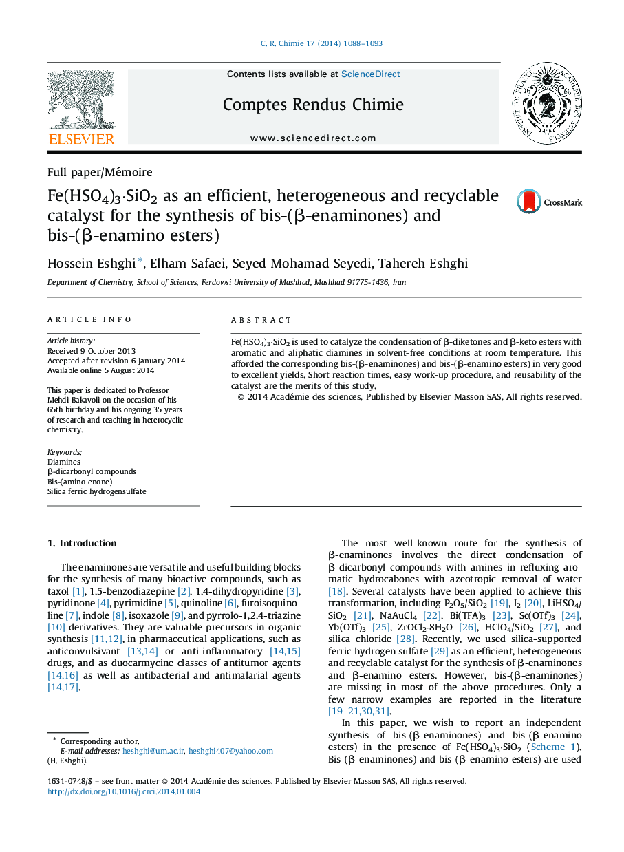 Fe(HSO4)3·SiO2 as an efficient, heterogeneous and recyclable catalyst for the synthesis of bis-(β-enaminones) and bis-(β-enamino esters)