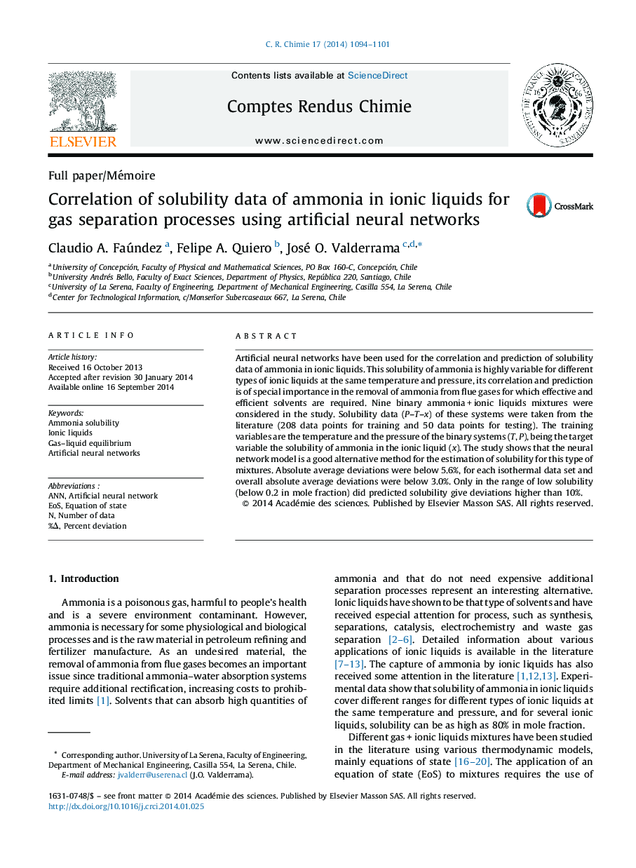 همبستگی داده های محلول آمونیاک در مایعات یونی برای فرآیند جداسازی گاز با استفاده از شبکه های عصبی مصنوعی 