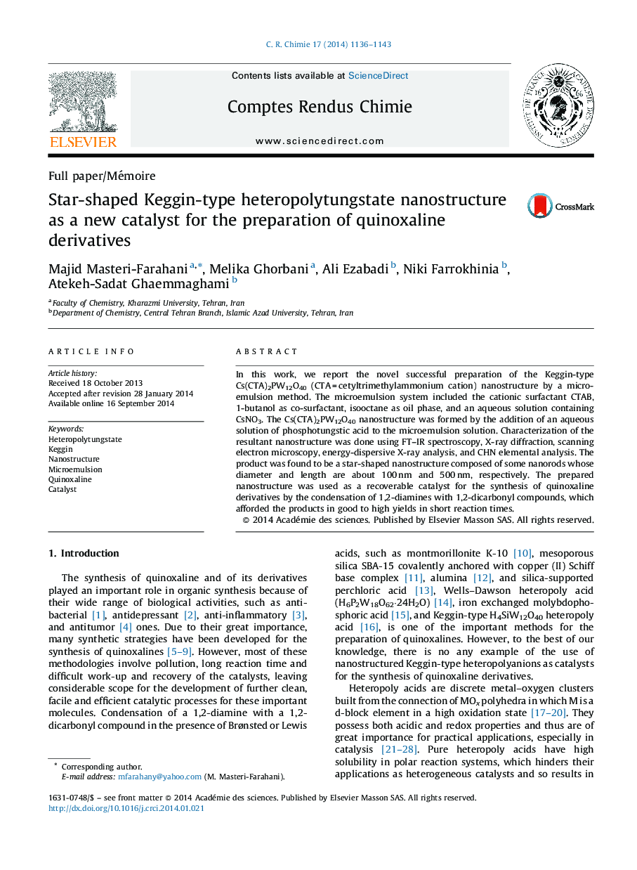 Star-shaped Keggin-type heteropolytungstate nanostructure as a new catalyst for the preparation of quinoxaline derivatives