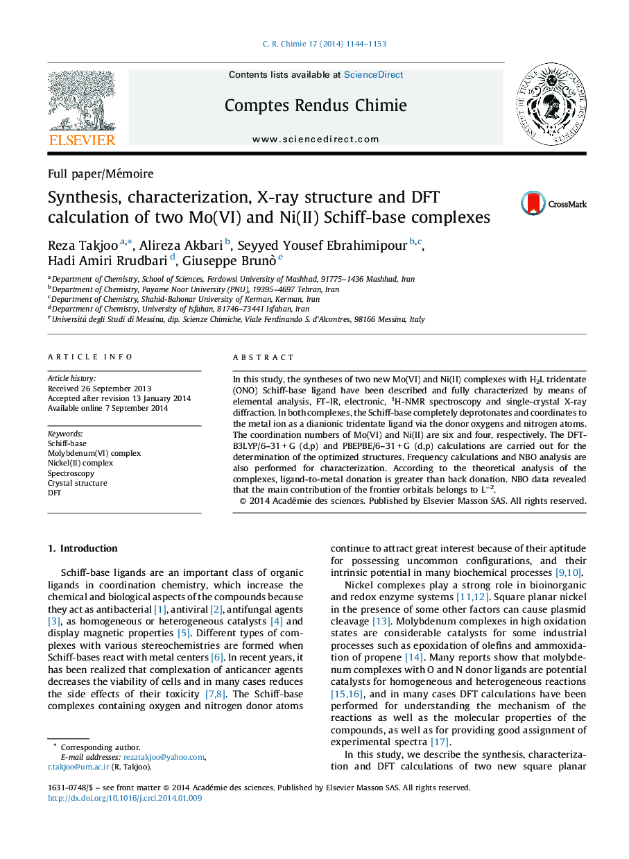 Synthesis, characterization, X-ray structure and DFT calculation of two Mo(VI) and Ni(II) Schiff-base complexes