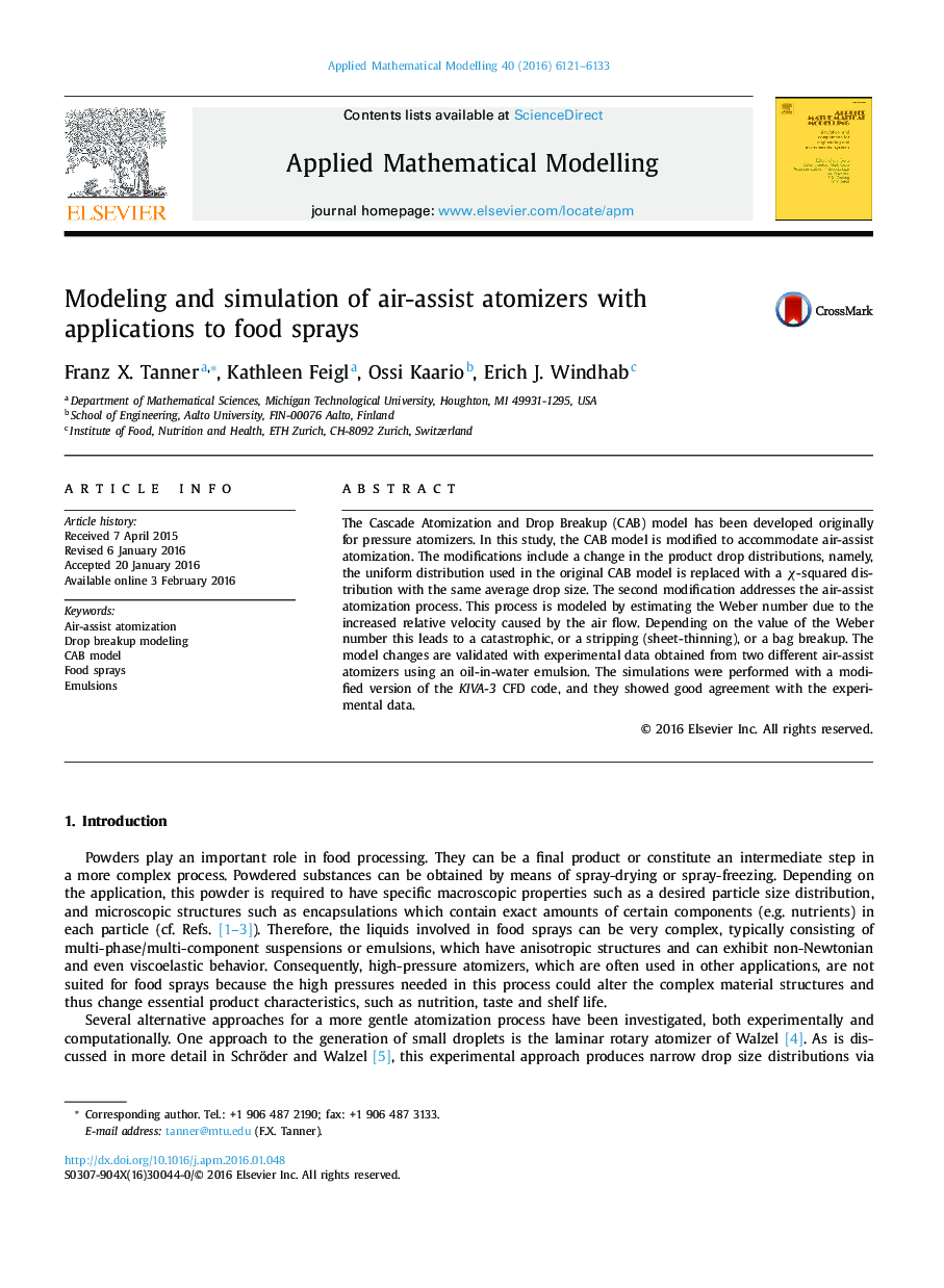 مدل سازی و شبیه سازی اسپری های هوا با استفاده از اسپری های مواد غذایی 