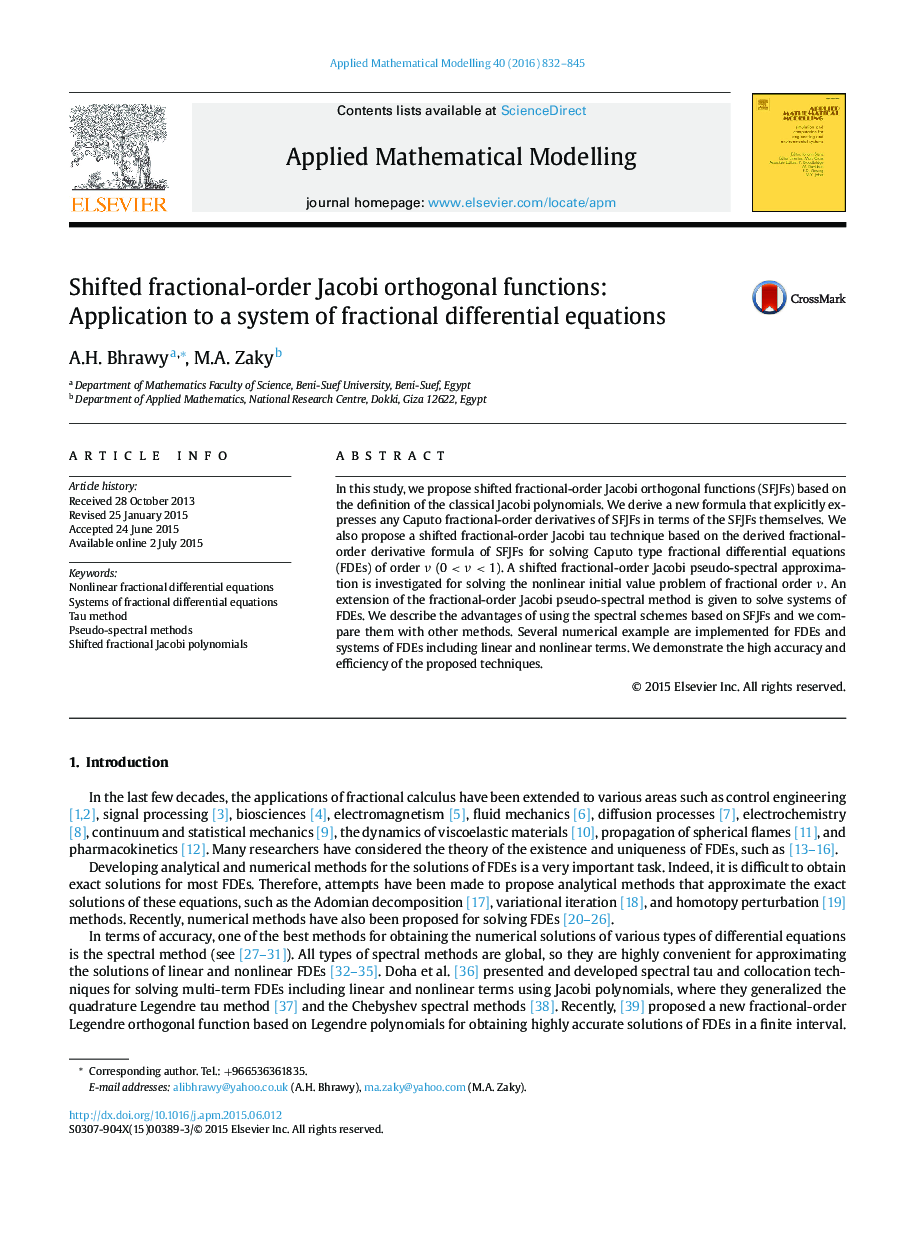 Shifted fractional-order Jacobi orthogonal functions: Application to a system of fractional differential equations