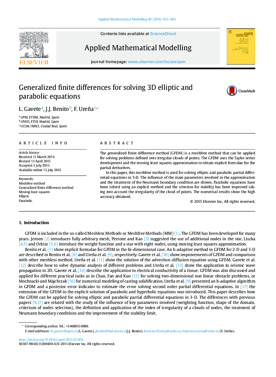 Generalized finite differences for solving 3D elliptic and parabolic equations