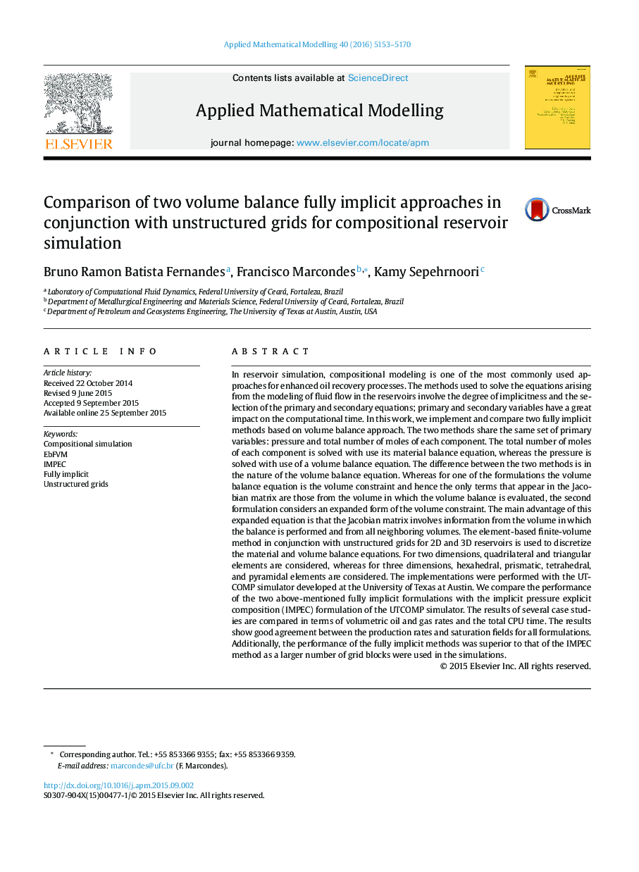 Comparison of two volume balance fully implicit approaches in conjunction with unstructured grids for compositional reservoir simulation