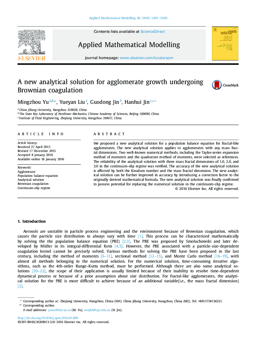 A new analytical solution for agglomerate growth undergoing Brownian coagulation