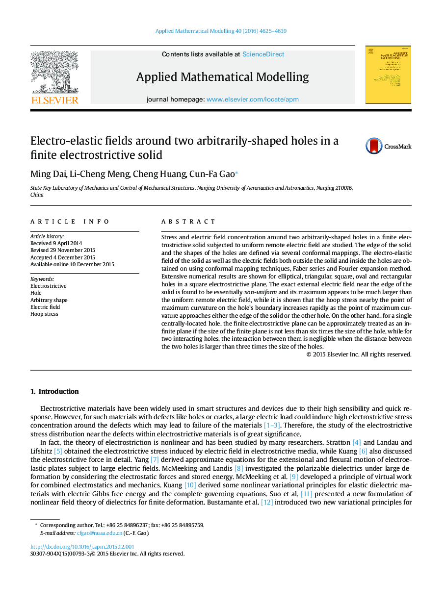 Electro-elastic fields around two arbitrarily-shaped holes in a finite electrostrictive solid