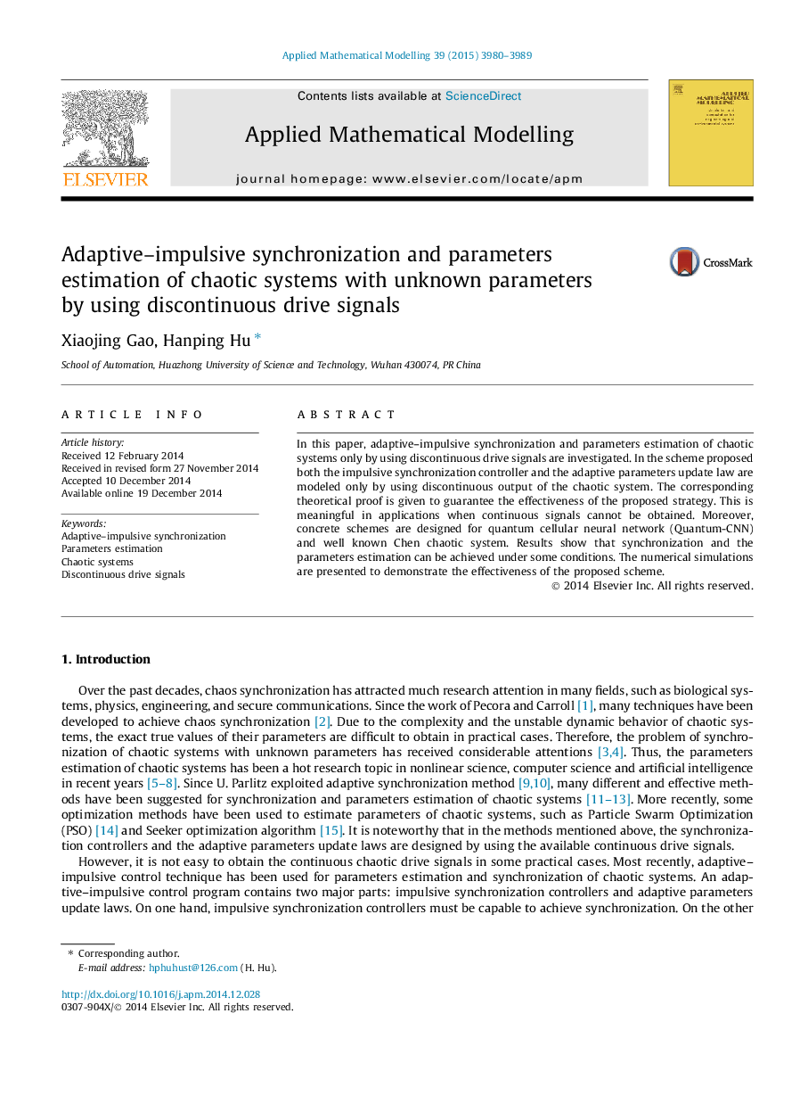 Adaptive–impulsive synchronization and parameters estimation of chaotic systems with unknown parameters by using discontinuous drive signals