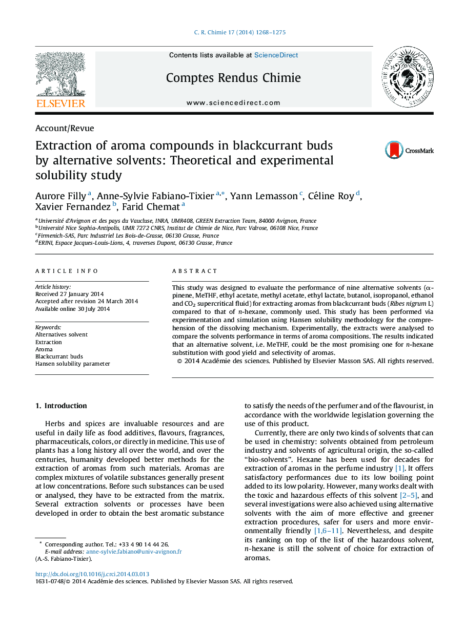 Extraction of aroma compounds in blackcurrant buds by alternative solvents: Theoretical and experimental solubility study