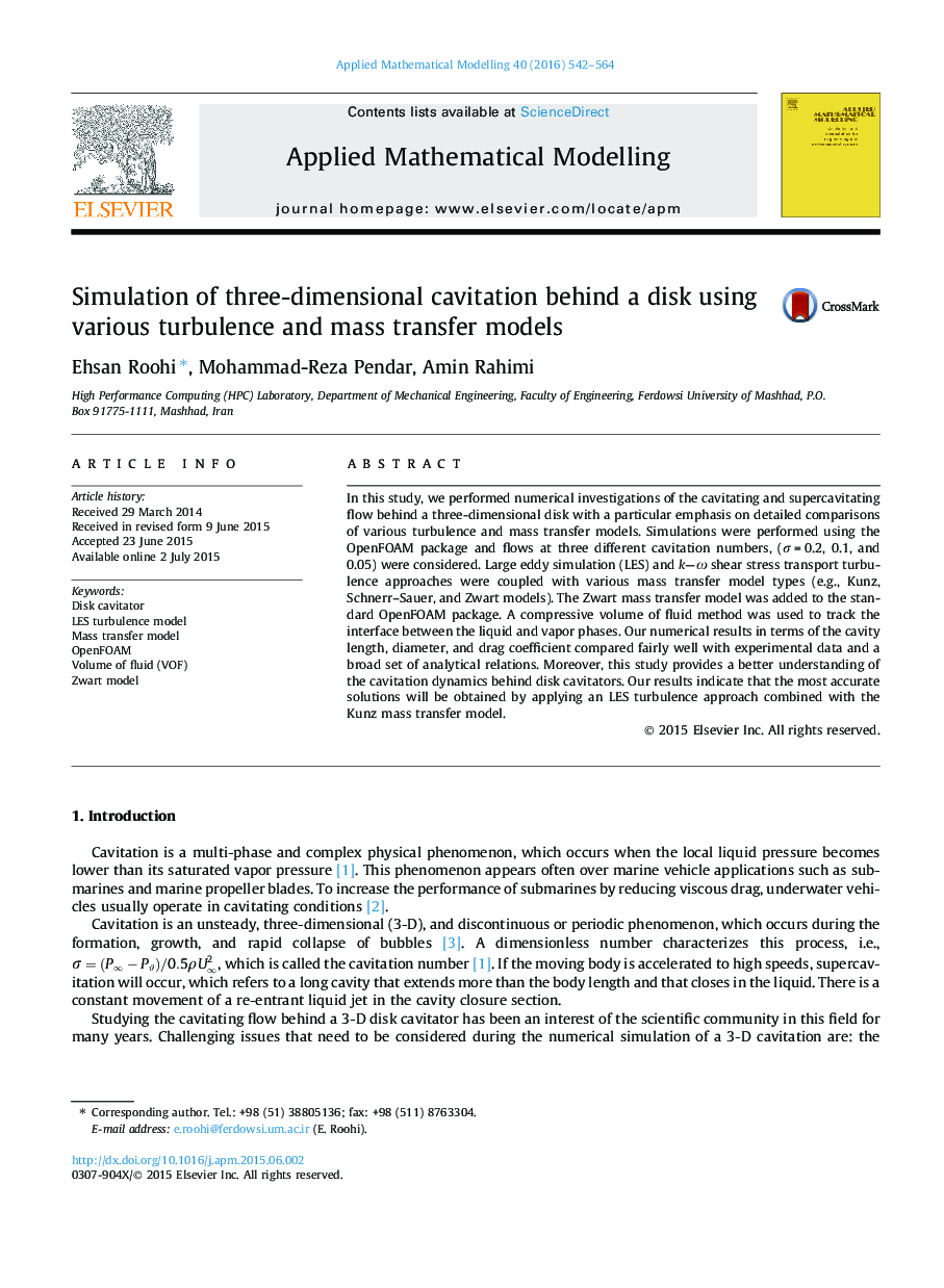 Simulation of three-dimensional cavitation behind a disk using various turbulence and mass transfer models