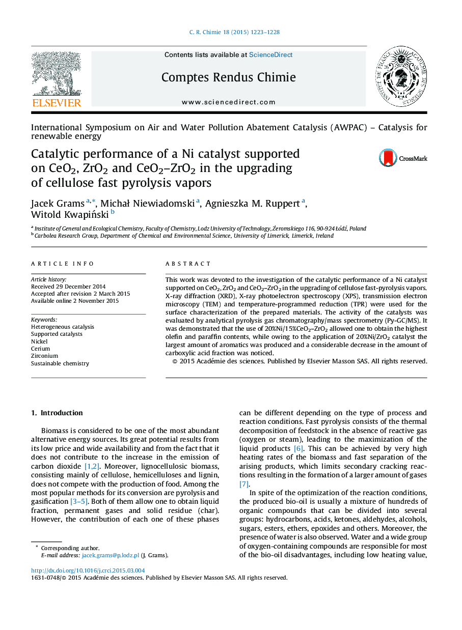 Catalytic performance of a Ni catalyst supported on CeO2, ZrO2 and CeO2–ZrO2 in the upgrading of cellulose fast pyrolysis vapors