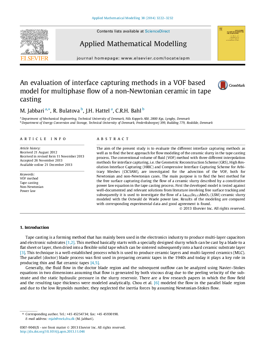 عکس صفحه اول مقاله: An evaluation of interface capturing methods in a VOF based model for multiphase flow of a non-Newtonian ceramic in tape casting An evaluation of interface capturing methods in a VOF based model for multiphase flow of a non-Newtonian ceramic in tape casting