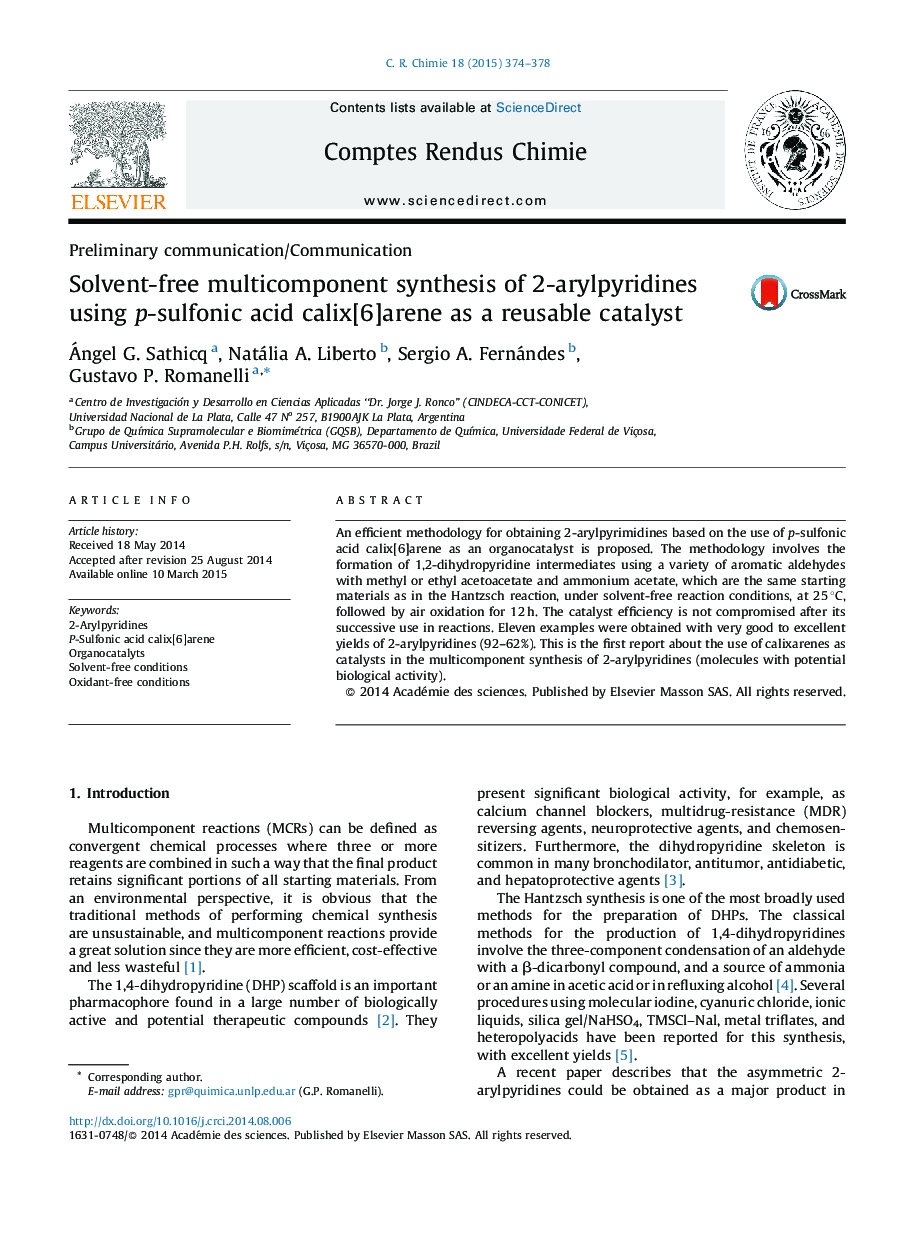 Solvent-free multicomponent synthesis of 2-arylpyridines using p-sulfonic acid calix[6]arene as a reusable catalyst