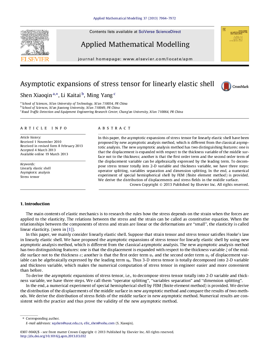 Asymptotic expansions of stress tensor for linearly elastic shell