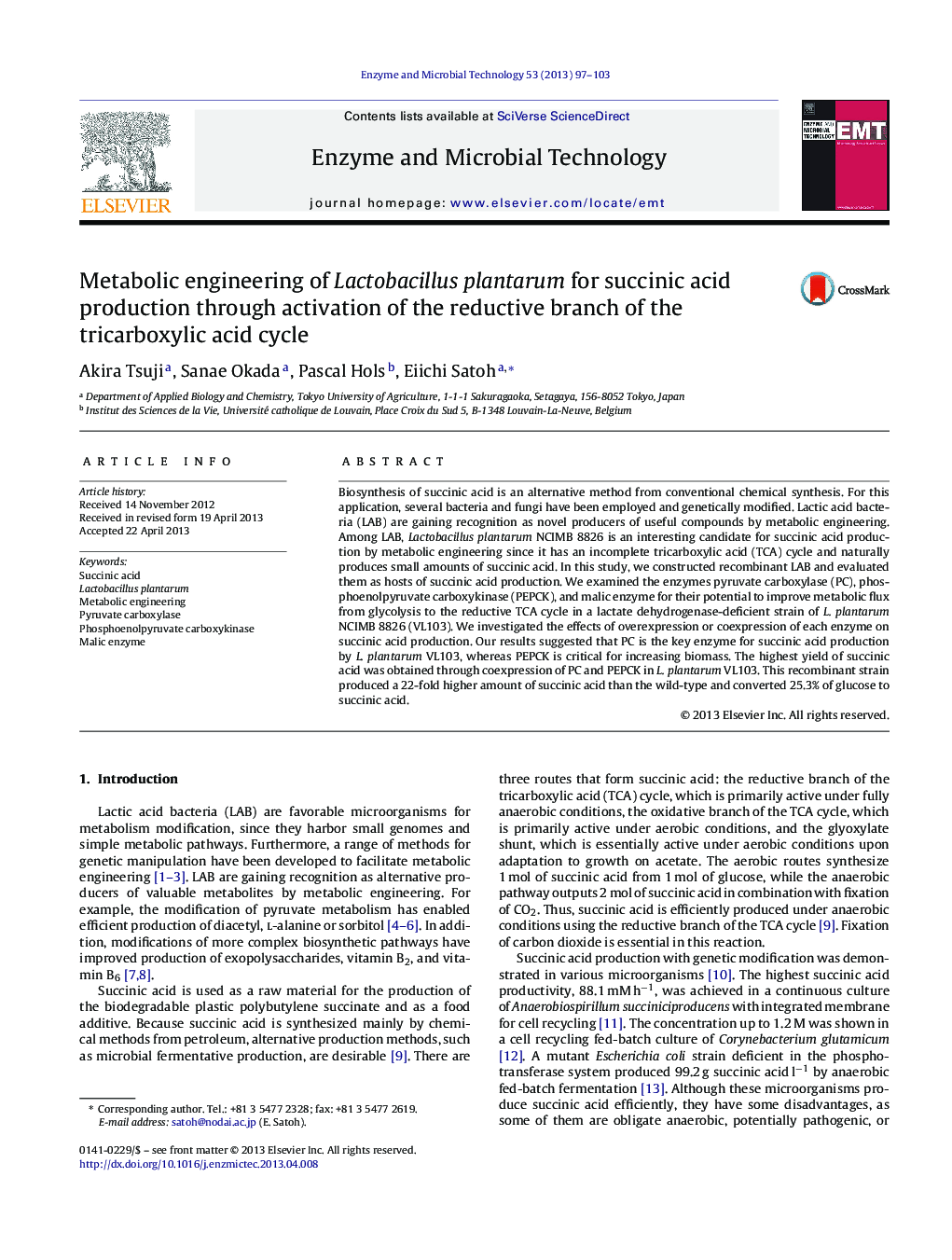 Metabolic engineering of Lactobacillus plantarum for succinic acid production through activation of the reductive branch of the tricarboxylic acid cycle