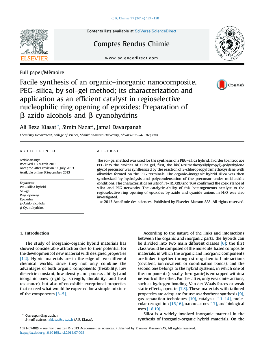 Facile synthesis of an organic–inorganic nanocomposite, PEG–silica, by sol–gel method; its characterization and application as an efficient catalyst in regioselective nucleophilic ring opening of epoxides: Preparation of β-azido alcohols and β-cyanohydrin