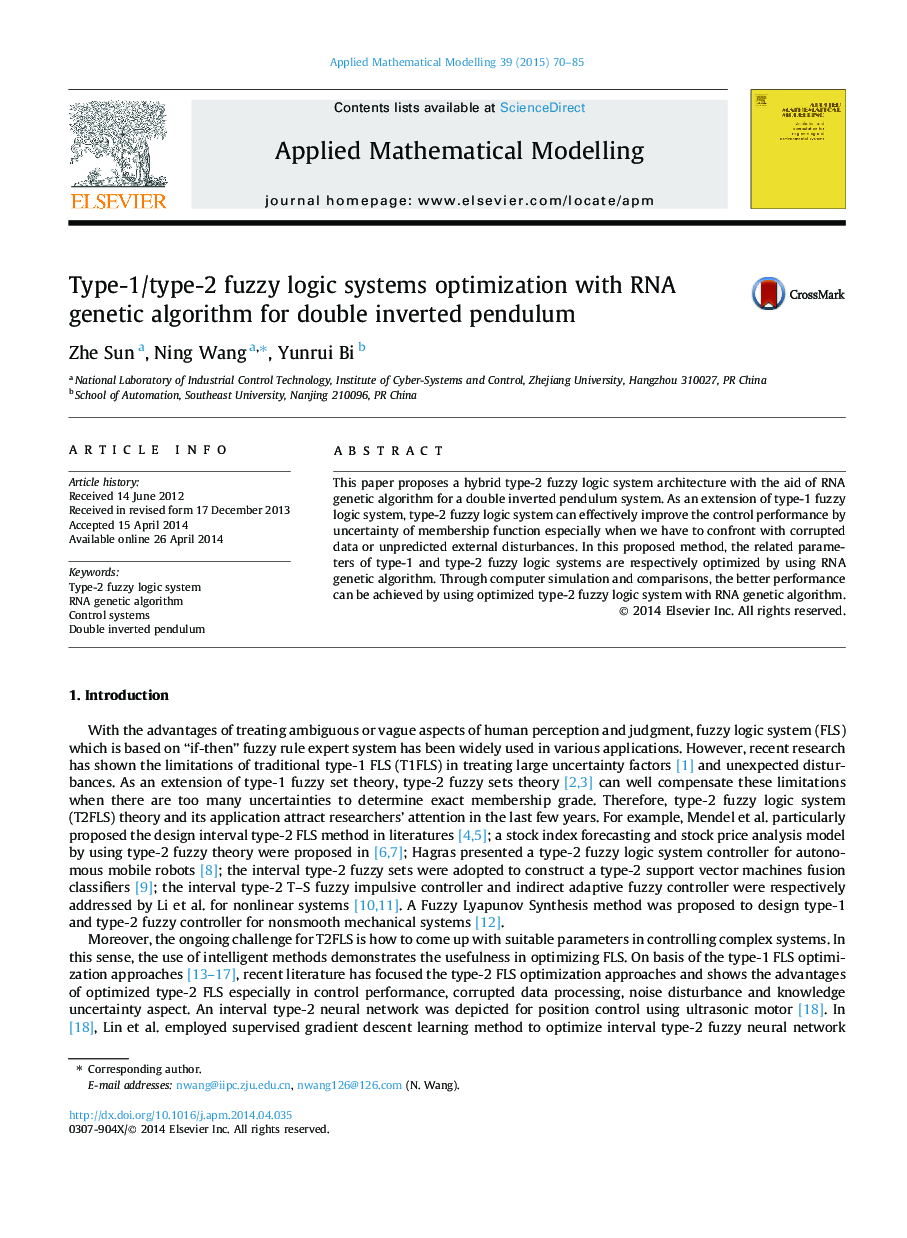 Type-1/type-2 fuzzy logic systems optimization with RNA genetic algorithm for double inverted pendulum