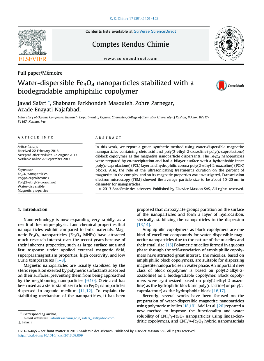 Water-dispersible Fe3O4 nanoparticles stabilized with a biodegradable amphiphilic copolymer