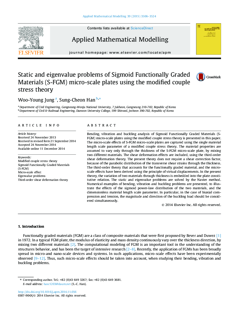 Static and eigenvalue problems of Sigmoid Functionally Graded Materials (S-FGM) micro-scale plates using the modified couple stress theory