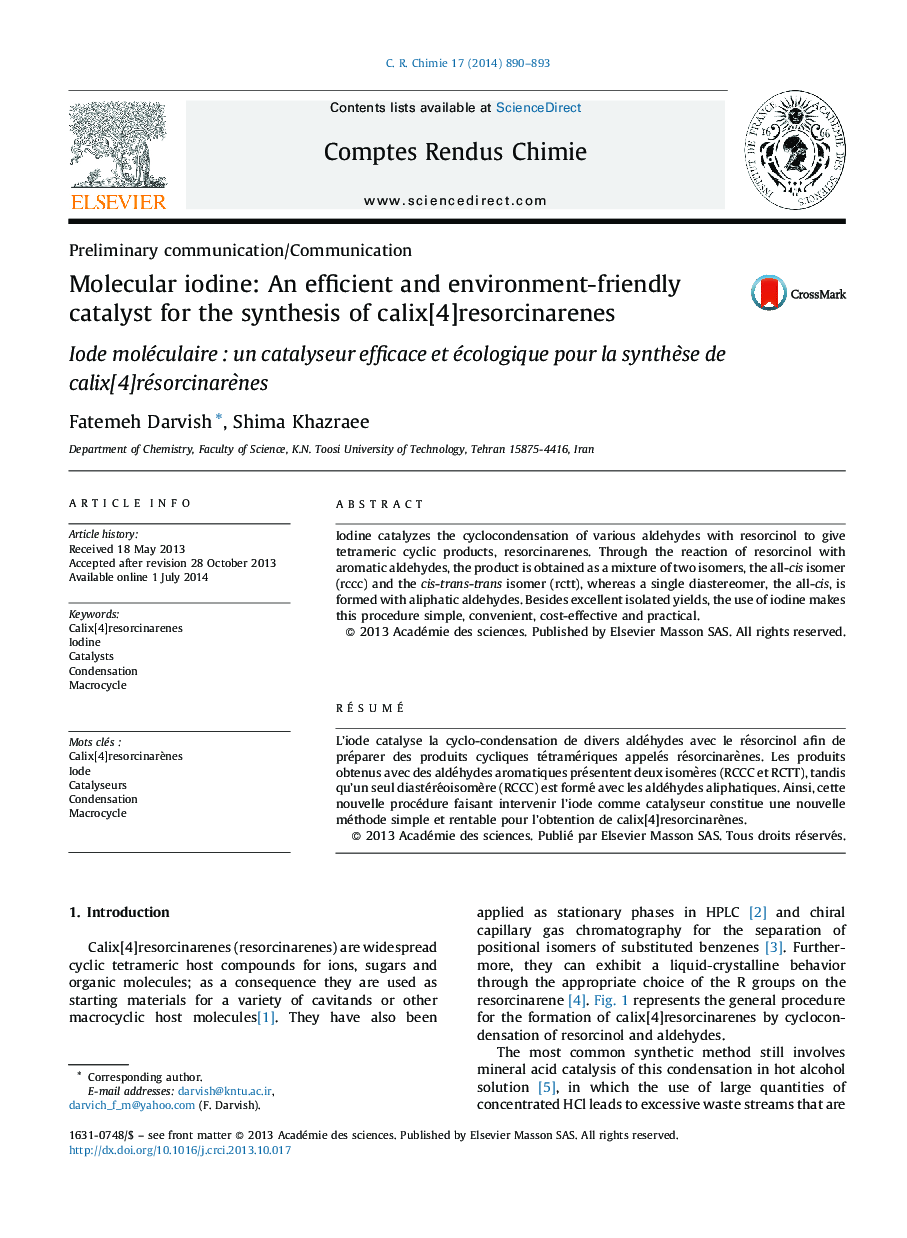 Molecular iodine: An efficient and environment-friendly catalyst for the synthesis of calix[4]resorcinarenes