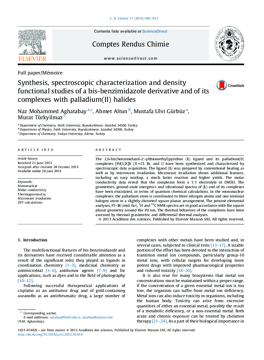 Synthesis, spectroscopic characterization and density functional studies of a bis-benzimidazole derivative and of its complexes with palladium(II) halides